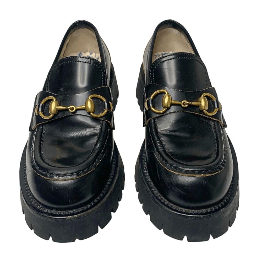 Gucci Black Leather Lug Sole Horsebit Loafers EU 36 Gold Horsebit Bee Embroidery - Picture 2 of 13